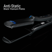 Close-up of CROC Hair Straightener's anti-static black titanium plates for smooth and static-free hair.