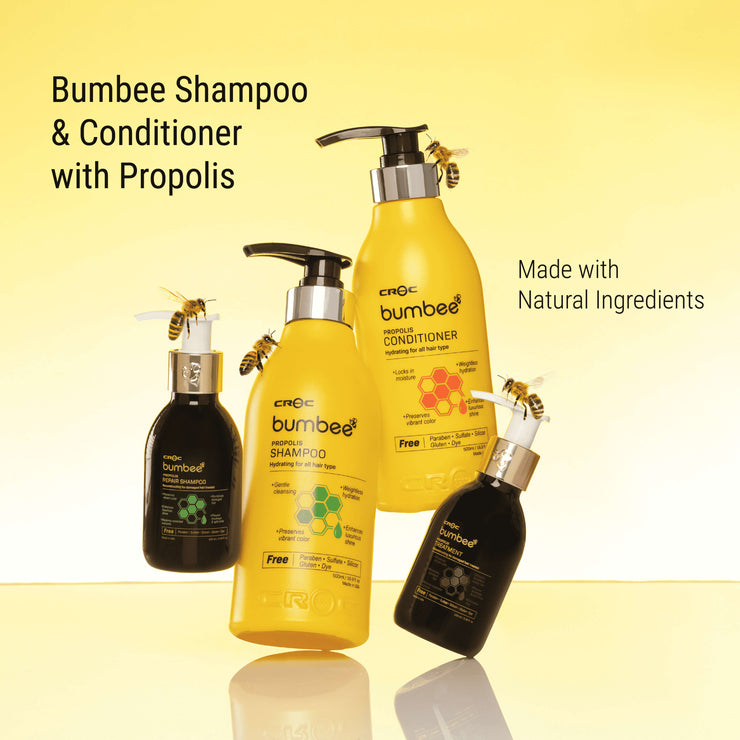 Bumbee shampoo and conditioner duo set against a vibrant yellow backdrop, showcasing the propolis-infused formula for gentle cleansing and weightless hydration.