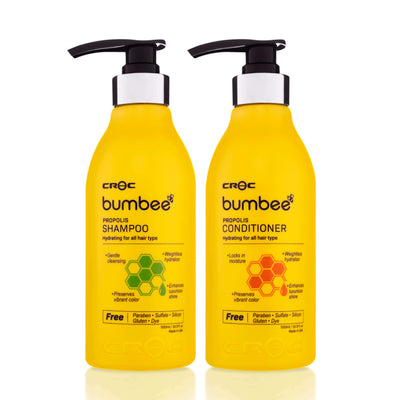 Side by side image of Bumbee Propolis Hair Care Kit with Shampoo and Conditioner, offering gentle cleansing and weightless hydration, preserving vibrant color and enhancing shine, sulfate and paraben-free, 500ml each.