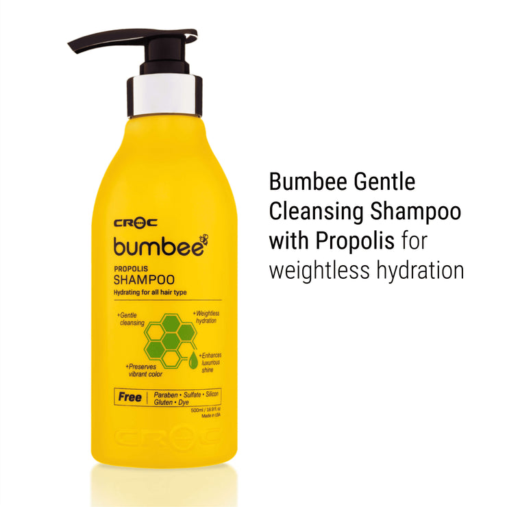  Bumbee Propolis infused Shampoo for hydrating all hair types displayed in front view, 500ml bottle, with natural propolis for weightless hydration and vibrant color preservation.