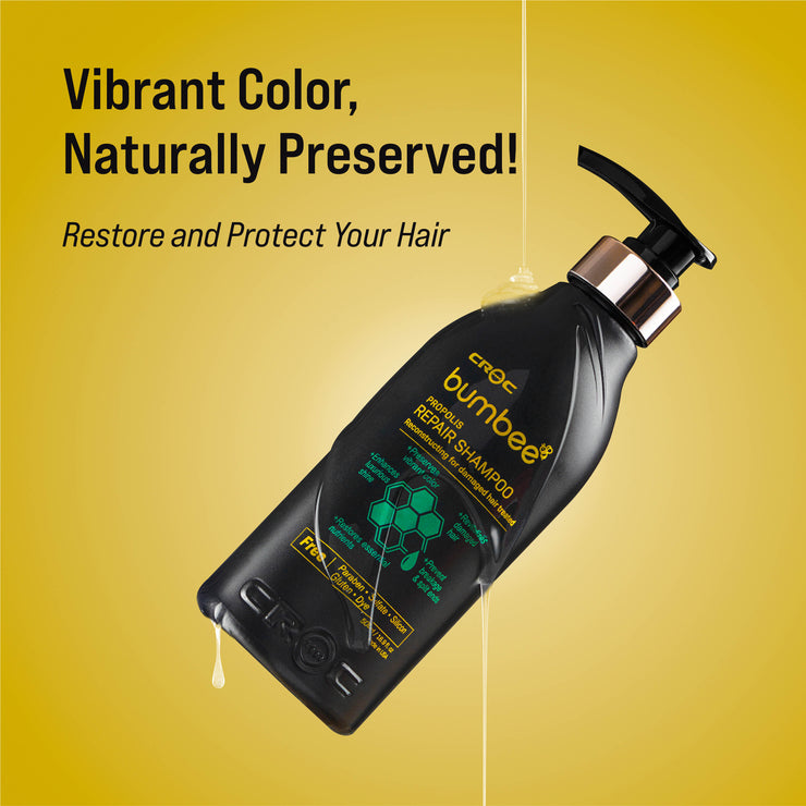  Bumbee Propolis Repair Shampoo presented on a yellow background, emphasizing hair damage repair, shine enhancement, and color preservation in a 500ml bottle.