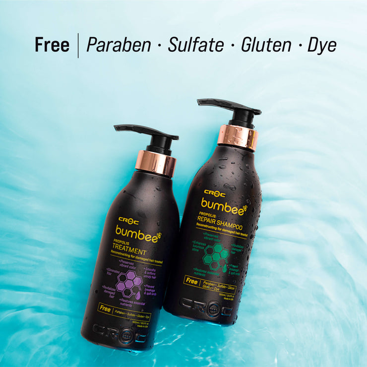 Bumbee Shampoo and Conditioner set, infused with propolis for effective color protection and shine enhancement.