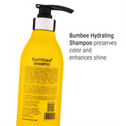 Detailed back view of Bumbee Hydrating Shampoo, 500ml, listing ingredients and benefits like color preservation and shine enhancement, made with natural propolis extract.