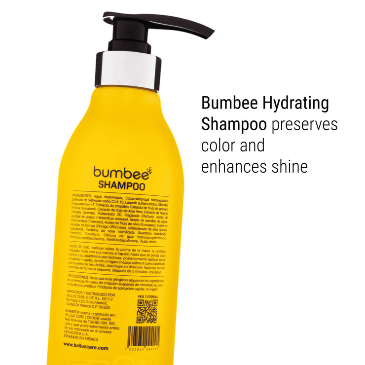 Detailed back view of Bumbee Hydrating Shampoo, 500ml, listing ingredients and benefits like color preservation and shine enhancement, made with natural propolis extract.