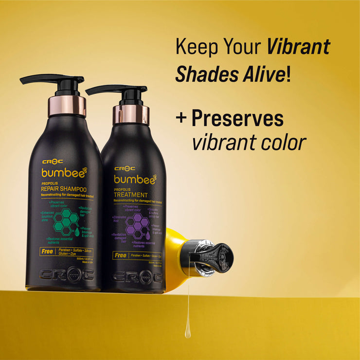 CROC Bumbee Propolis Treatment against a yellow backdrop, designed to preserve hair&