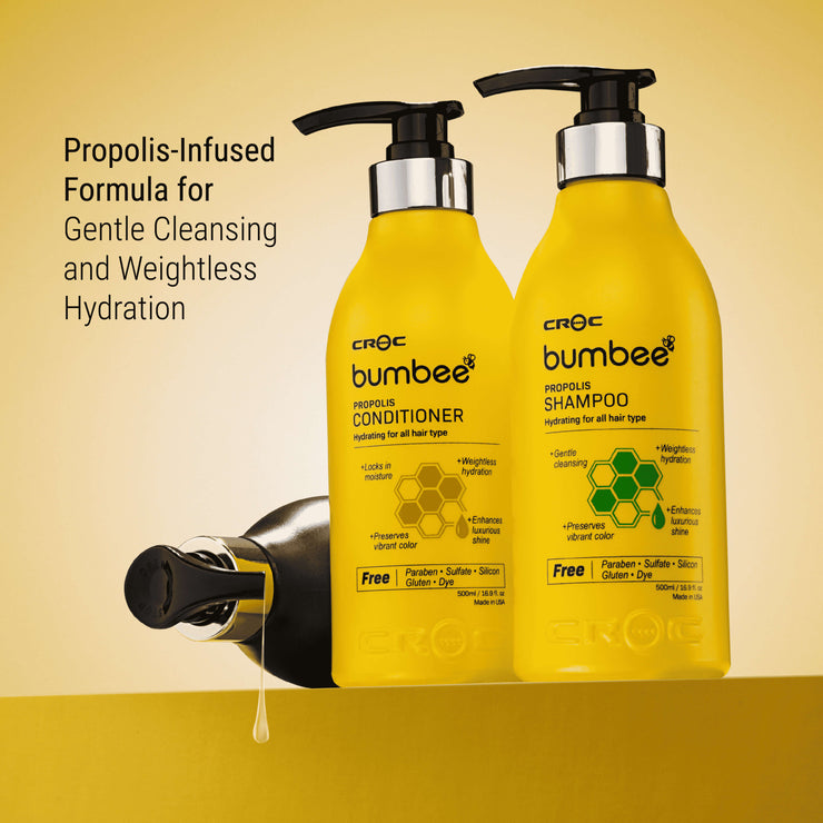 Propolis-infused formula for gentle cleansing and weightless hydration: shampoo and conditioner treatment.