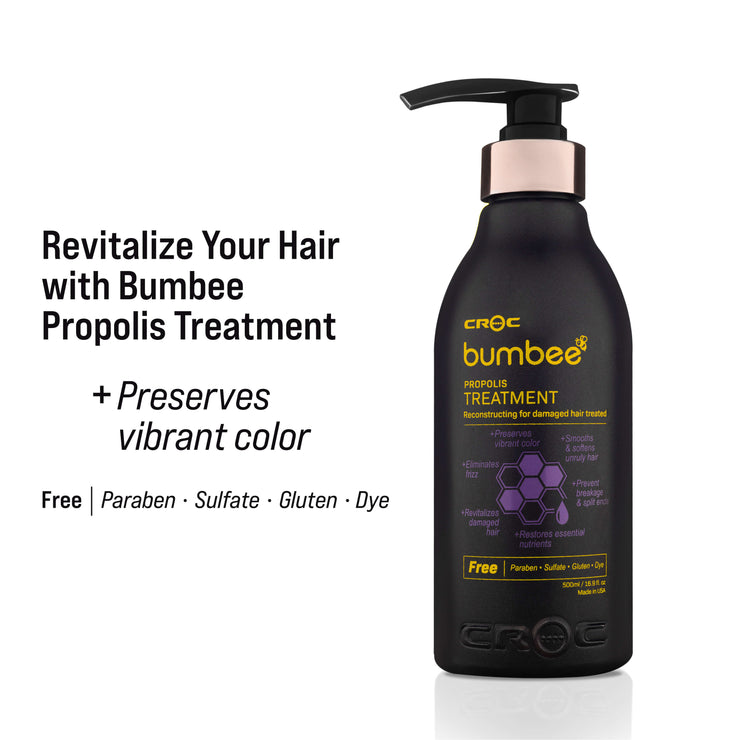 Frontal shot of CROC Bumbee Hair Treatment, highlighting propolis as a key ingredient for color preservation and hair health in a 500ml pump bottle.