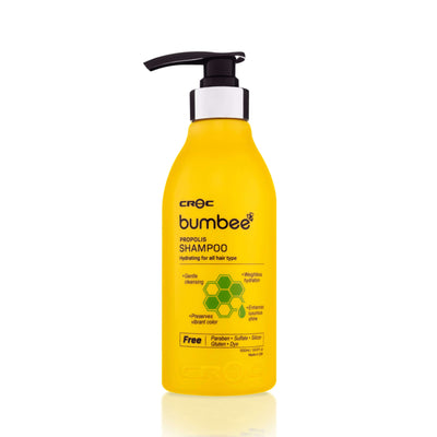 CROC Bumbee Propolis Shampoo for hydrating all hair types displayed in front view, 500ml bottle, with natural propolis for weightless hydration and vibrant color preservation.