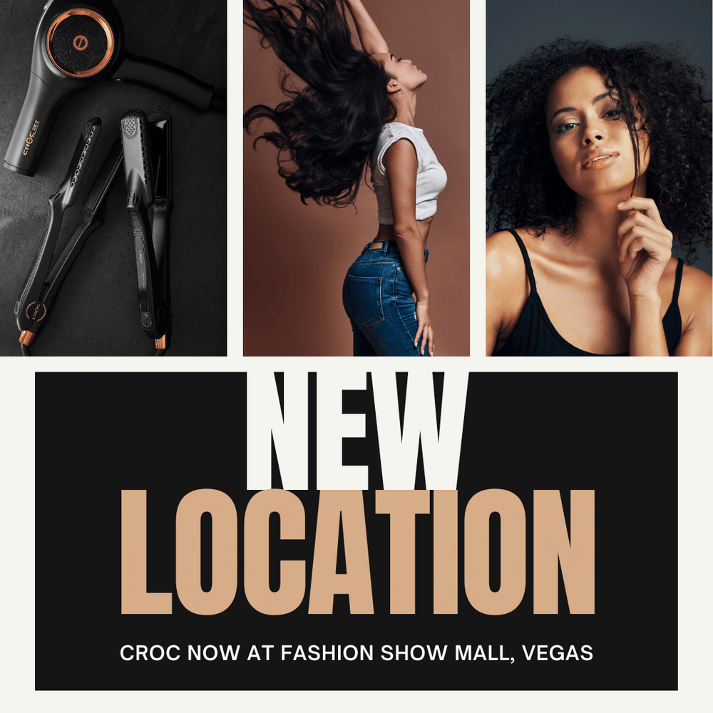 CROC's latest kiosk at Las Vegas Fashion Show Mall, featuring premium hair styling tools and models showcasing beautiful, styled hair. Announcement of new location for CROC, known for innovative hair straighteners and dryers.