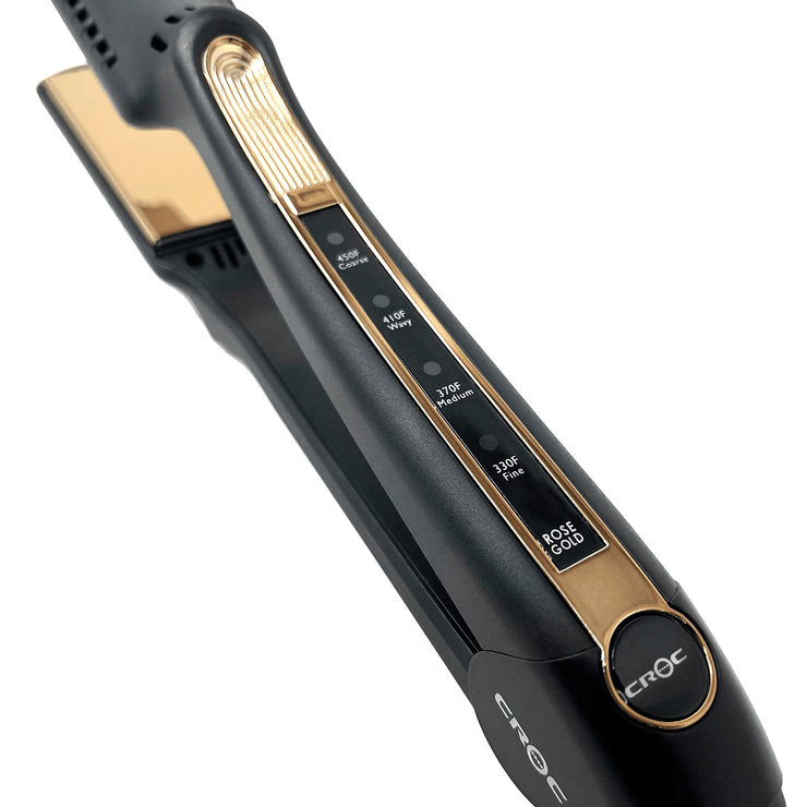 Ergonomic Rose Gold Titanium Flat Iron 1.25" with Deluxe Thumb Grip and Cool Tip for Comfortable Styling.