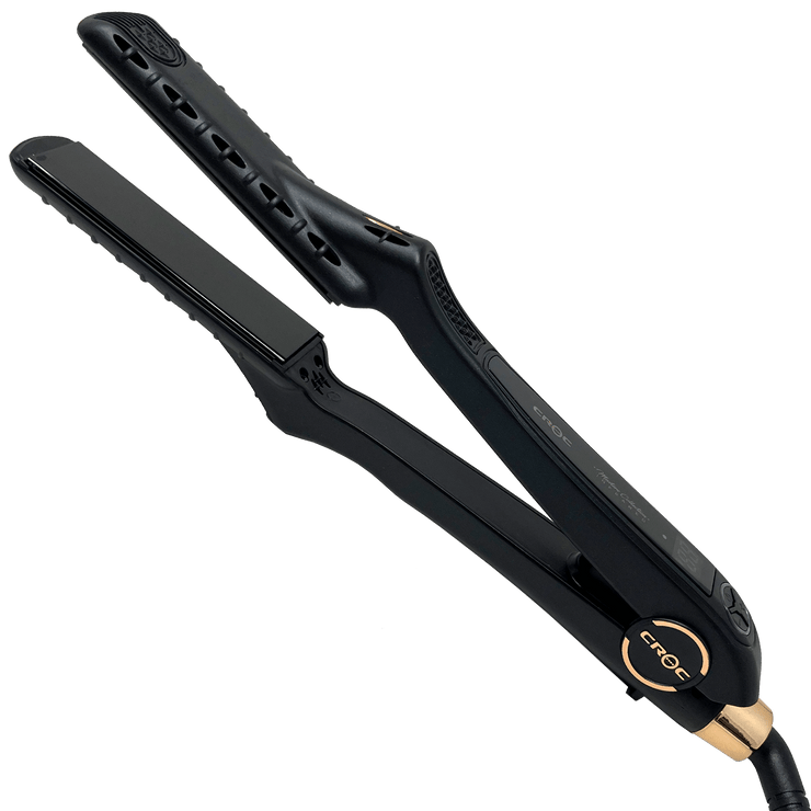 Ventilation system of Masters Flat Iron by CROC® to prevent heat-induced damage. Anti-stick and anti-frizz black titanium plates.