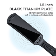 Black Titanium Plates of the Premium Flat Iron promoting anti-stick, anti-static, and anti-damage hair styling.