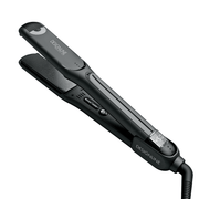 Titanium flat iron plates with Anti-Stick, Anti-Static, and Anti-Damage features for versatile hair styling.