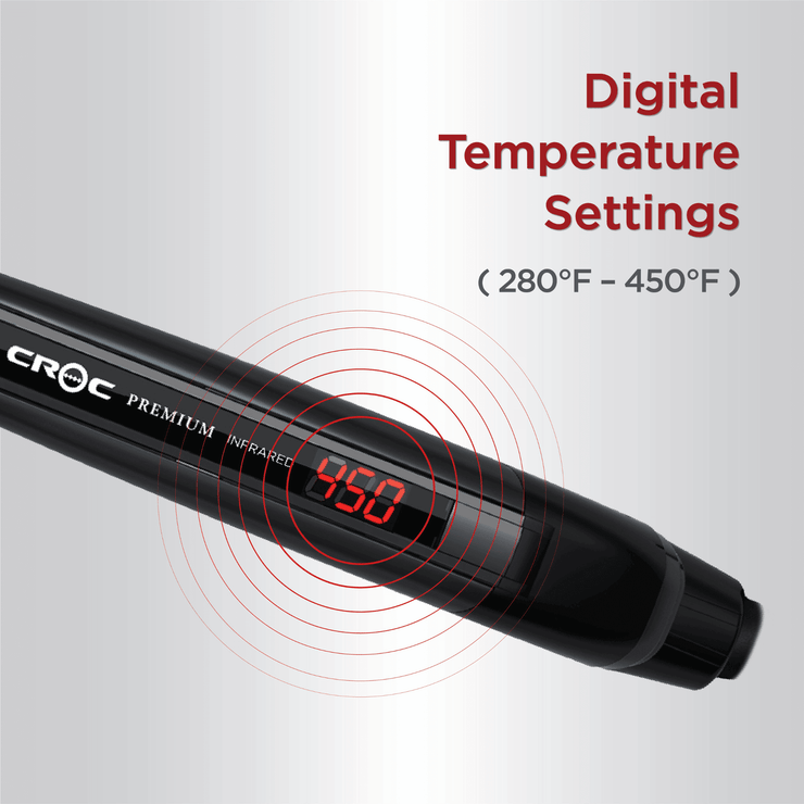 ROC Hair® Flat Iron with digital temperature settings ranging from 280F° to 450F° for versatile hair styling.