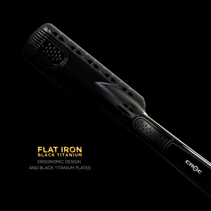 Master Black Titanium Flat Iron with ergonomic design and deluxe thumb grip for comfortable styling.