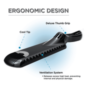 Ergonomic design with deluxe thumb grip for comfortable hair styling.
