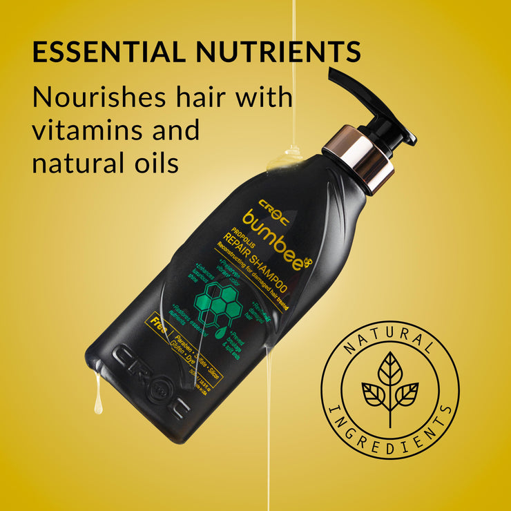 Bumbee Repair Shampoo with essential nutrients nourishes hair with vitamins and natural oils.