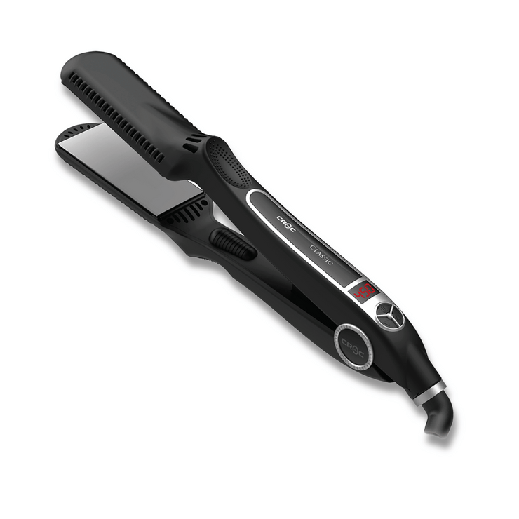 ergonomic design silver titanium flat iron with anti-stick and anti-frizz ionic technology for salon quality hair results.