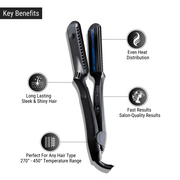 "CROC flat iron highlighting even heat, shiny hair results, fast styling, and adjustable temperatures for all hair types.