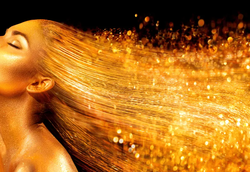 Model with long hair turning to gold light — The Waiting Room by CROC